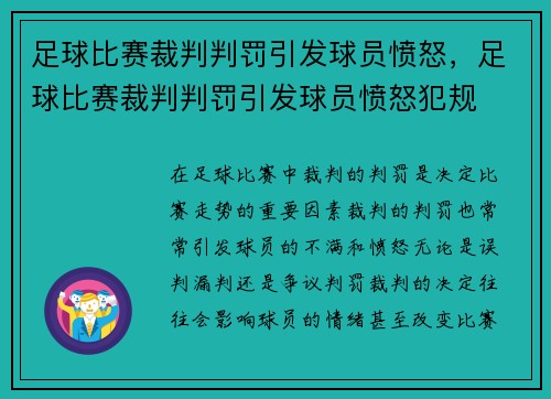 足球比赛裁判判罚引发球员愤怒,足球比赛裁判判罚引发球员愤怒犯规